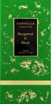 Zielone pudełko perfum Sorvella Signature Bergamot & Musk 100 ml, ze złotymi wzorami i czarną etykietą.