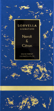 Sorvella Signature Neroli & Citron Eau de Parfum, granatowe pudełko ze złotymi wzorami, widok z przodu.