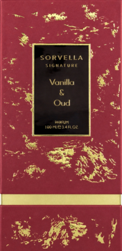 Czerwone pudełko perfum Sorvella Signature Vanilla & Oud, ze złotymi wzorami i czarną etykietą z nazwą.