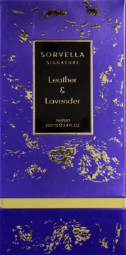 Pudełko perfum Sorvella Signature Leather & Lavender, fioletowe, ze złotymi nieregularnymi zdobieniami, widok z przodu.