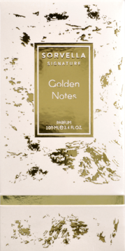 Białe pudełko perfum Sorvella Signature Golden Notes, 100ml, ze złotymi nieregularnymi wzorami i centralnym panelem.
