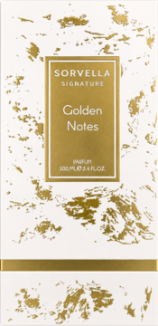 Białe pudełko perfum Sorvella Golden Notes z nieregularnymi złotymi wzorami i centralnym złotym panelem, widok z przodu.