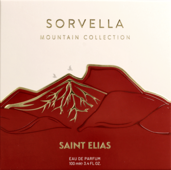 Front: biało-czerwone pudełko Sorvella Saint Elias Eau de Parfum z górskim motywem Mountain Collection.