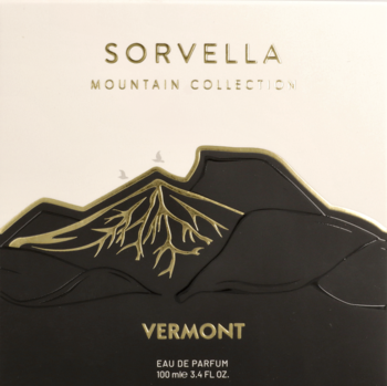 Opakowanie Sorvella Vermont Eau de Parfum, czarno-białe, z wytłoczonym złotym motywem gór. Widok z przodu.