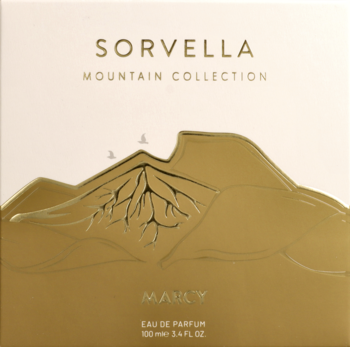 Sorvella Marcy woda perfumowana, 100ml, w eleganckim kremowo-złotym pudełku z górskim tłoczeniem, widok z przodu.