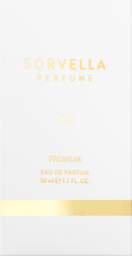 Białe pudełko perfum Sorvella BCR Premium 50ml ze złotymi napisami i paskiem u dołu, widok z przodu.
