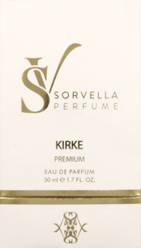 Białe pudełko perfum Sorvella Perfume Kirke Eau de Parfum 50ml, widok z przodu, złote logo i napisy.