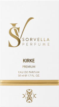 Sorvella Perfume Kirke, woda perfumowana 50ml, eleganckie białe pudełko ze złotym logo i tekstem, widok z przodu.