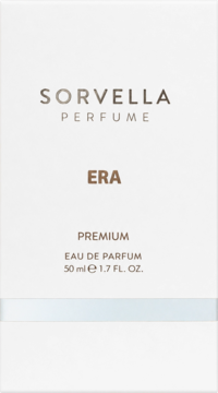 Białe opakowanie perfum Sorvella ERA, 50 ml Eau de Parfum, z brązowym tekstem i niebieskim paskiem na dole.
