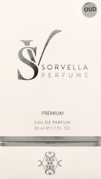 Białe pudełko Sorvella Perfume OUD 50ml, widok z przodu, z okrągłym logo OUD i srebrnymi napisami.