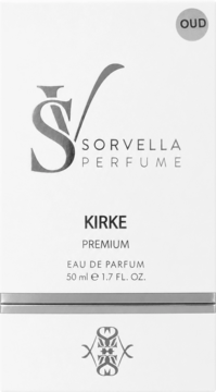 Białe opakowanie Sorvella Perfume Kirke Premium 50ml, widok z przodu, z logo i szarym OUD.