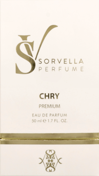 Sorvella Perfume CHRY Eau de Parfum 50ml, eleganckie białe pudełko ze złotymi napisami i logo SV, widok z przodu.