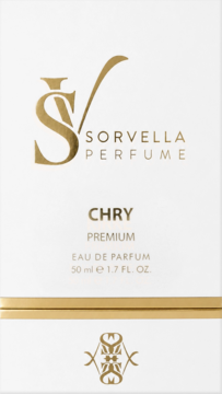 Białe pudełko orientalno-wiśniowych perfum Sorvella CHRY 50ml, złote logo i napisy. Widok z przodu.