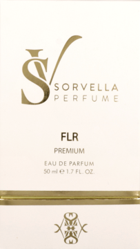 Białe kartonowe pudełko perfum Sorvella FLR z dużym złotym logo i czarnym napisem, widok z przodu.