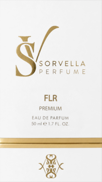 Białe opakowanie perfum Sorvella FLR Premium 50 ml, widok z przodu. Złote logo, napisy i ozdobne detale.