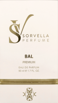 Białe opakowanie perfum Sorvella BAL Premium 50 ml, widok z przodu, ze złotymi detalami i logo SV.