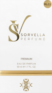 Białe pudełko perfum Sorvella Premium, 50 ml, ze złotym logo i napisami, widok z przodu Eau de Parfum.
