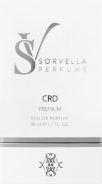 Białe pudełko perfum Sorvella CRD Premium 50ml, z srebrnymi napisami i logo, widok z przodu.