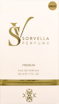 Białe pudełko perfum Sorvella Premium Eau de Parfum 50ml z złotym logo SV i oznaczeniem ORCD, widok z przodu.