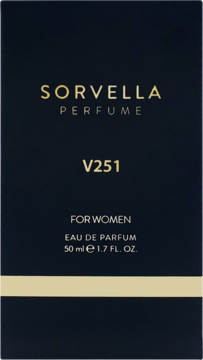 Ciemne opakowanie perfum Sorvella V251 dla kobiet 50 ml, złote napisy, widok z przodu.