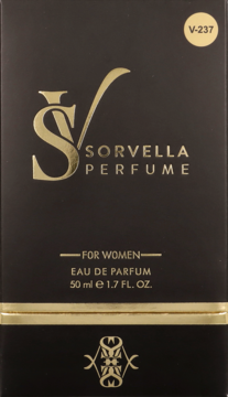 Czarne pudełko perfum Sorvella For Women, ze złotym logo SV, napisem Eau de Parfum 50ml, widok z przodu.