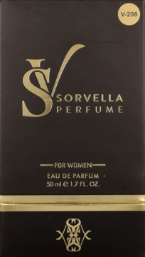 Czarny kartonik Sorvella Perfume V-208 dla kobiet, 50 ml, ze złotymi napisami, widok z przodu.