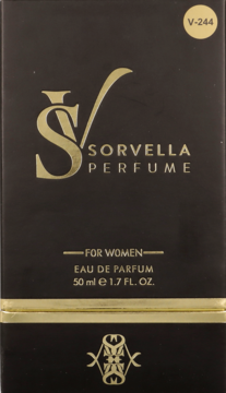 Czarne pudełko perfum Sorvella V-244 50ml, złote logo i litery, pionowe ujęcie z przodu.