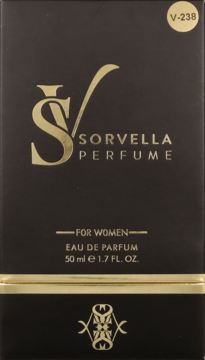 Sorvella V-238 For Women Eau de Parfum, czarne pudełko z złotym logo i napisem, widok z przodu.