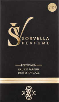 Czarne pudełko perfum Sorvella V-238 dla kobiet, 50ml. Widok z przodu, złote logo i detale.