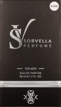 Eleganckie czarne pudełko perfum Sorvella Perfume For Men 50ml z srebrnym logo i tekstem, widok z przodu.