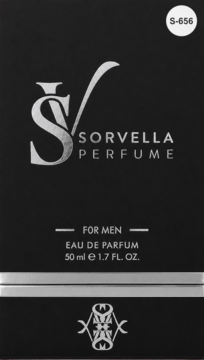 Czarne pudełko perfum Sorvella For Men 50ml Eau de Parfum ze srebrnym logo i napisem, widok z przodu.