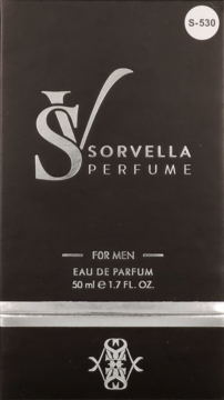 Sorvella S530 męskie perfumy 50 ml w eleganckim czarnym pudełku ze srebrnymi napisami i logo, widok z przodu.