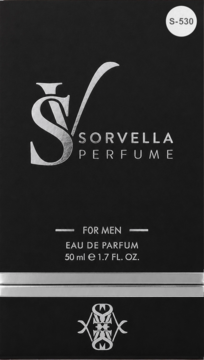 Czarne opakowanie wody perfumowanej Sorvella S-530 50ml dla mężczyzn, ze srebrnym logo i tekstem, widok z przodu.