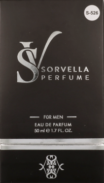 Czarny kartonik perfum Sorvella Perfume For Men 50ml, z srebrnym logo i białym tekstem, widok z przodu. S-526.