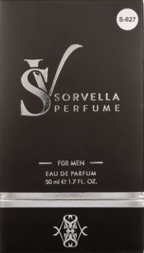 Czarny kartonik perfum Sorvella for Men, 50 ml, z srebrnym logo i detalami, widok z przodu.