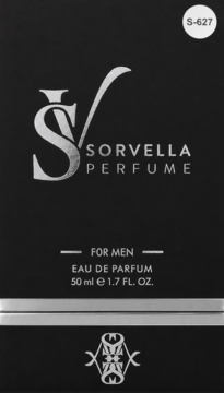 Czarny kartonik Sorvella Perfume dla mężczyzn 50ml Eau de Parfum, z srebrnym logo VS i kodem S-627.