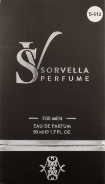 Czarne pudełko perfum Sorvella for Men, 50ml, z srebrnym logo SV i napisem, widok z przodu.