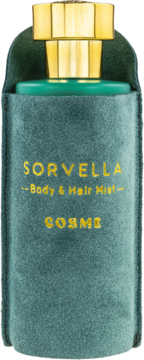 Mgiełka Sorvella Body & Hair Mist Cosme, turkusowa butelka w welurze, złota zakrętka, widok z przodu.