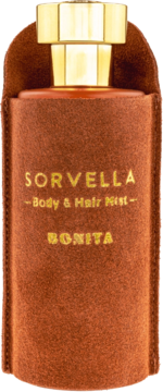 SORVELLA Bonita Body & Hair Mist w brązowym zamszowym etui, złotym napisem i złotą zakrętką, widok z przodu.