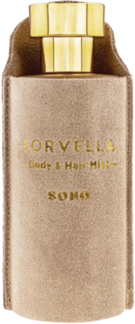 Sorvella Sono Body & Hair Mist, beżowa butelka z zamszowym etui, złotą zakrętką, widok z przodu.