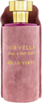 Sorvella Bella Vista Body & Hair Mist: różowa butelka w filcowym etui, ze złotą zakrętką i napisem z przodu.