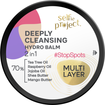 Selfie Project Deeply Cleansing Hydro Balm 2w1, okrągłe wieczko z grafiką, #StopSpots i Tea Tree Oil.