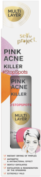 Frontowe opakowanie Selfie Project Pink Acne Killer, białe z różowo-pomarańczowymi kształtami, punktowy preparat.