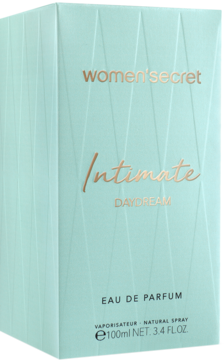 Miętowe pudełko Women'secret Intimate Daydream Eau de Parfum 100ml z metalicznym tekstem, widok z przodu.