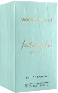 Miętowe pudełko Women'secret Intimate Daydream Eau de Parfum 100ml z metalicznym tekstem, widok z przodu.