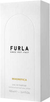 Białe opakowanie perfum Furla Magnifica Eau de Parfum 100ml, widok z przodu, z czarnym i złotym tekstem.
