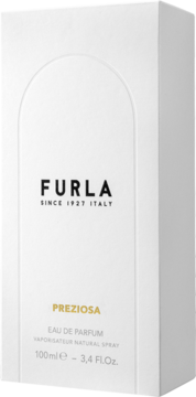 Białe, minimalistyczne pudełko perfum Furla Preziosa 100ml, widok z przodu, ze złotym napisem i łukiem.