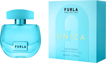 Woda perfumowana Furla Unica 50ml w błękitnej butelce obok pasującego pudełka, widok z przodu.