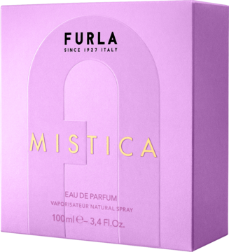 Furla Mistica EDP, lawendowe pudełko 100ml z wytłoczonym wzorem łuku i złotymi napisami, widok z przodu.