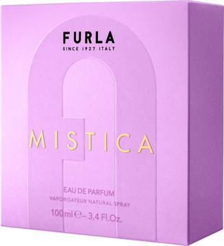 Furla Mistica EDP, lawendowe pudełko 100ml z wytłoczonym wzorem łuku i złotymi napisami, widok z przodu.